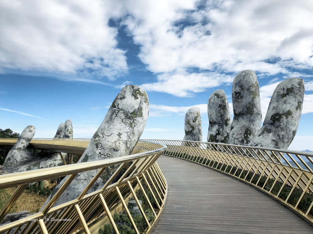 The Golden Bridge in Da Nang impresses with its hand-shaped design supporting the entire bridge
